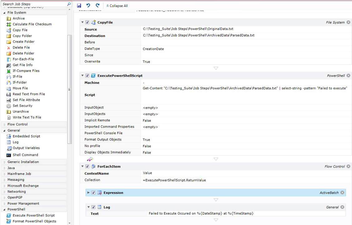 Embedded script within an ActiveBatch Integrated Jobs Library Job with upstream and downstream Job Steps